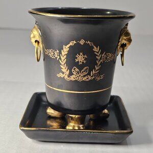 Mid Century Lenwile Ardalt Black And Gold Cachepot With Matching Saucer